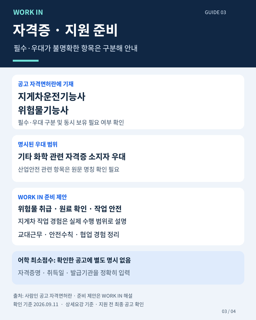 공고에 기재된 지게차운전기능사·위험물기능사와 필수·우대 확인사항, 화학 관련 자격증 우대 안내